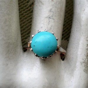 Vintage Russian Russia 14K 583 Rose Pink White Gold Turquoise Solitaire Ring